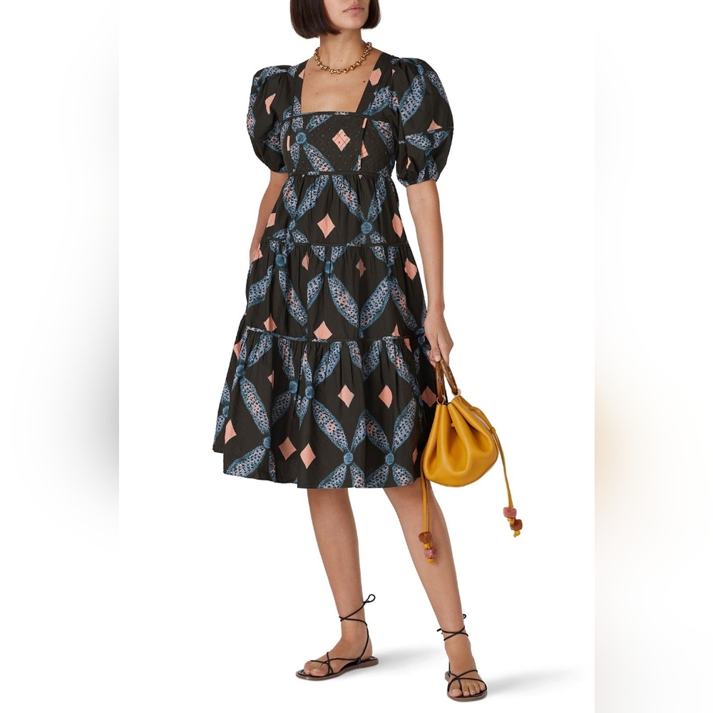 Ulla Johnson Nora Printed Cotton Midi Dress Puff Sleeve Square Neck Tiered